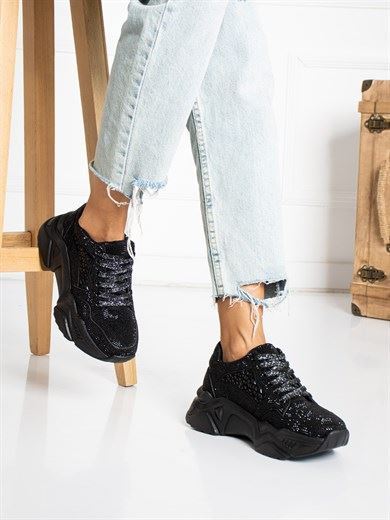 Siyah Siyah Taşlı Kadın Sneakers